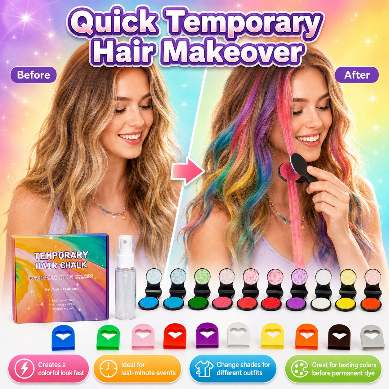⏳🔥LIMITED-TIME 50% OFF! ⏰🌈 12-Color Temporary Hair Chalk Applicator Set