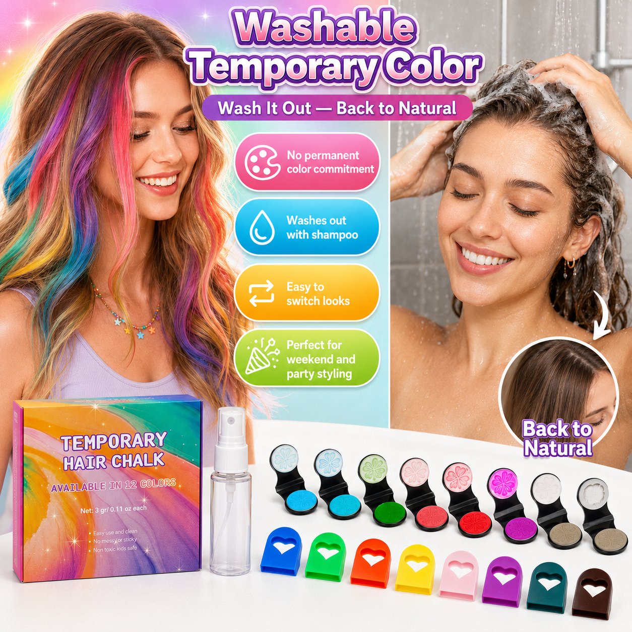 ⏳🔥LIMITED-TIME 50% OFF! ⏰🌈 12-Color Temporary Hair Chalk Applicator Set